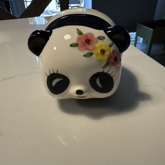 Adorable PANDA BEAR Ceramic PIGGY-BANK With Pink And Yellow Flower White/Black - Picture 1 of 8
